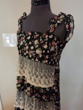 Black Floral Lace Tiered Sundress with Tie Straps
